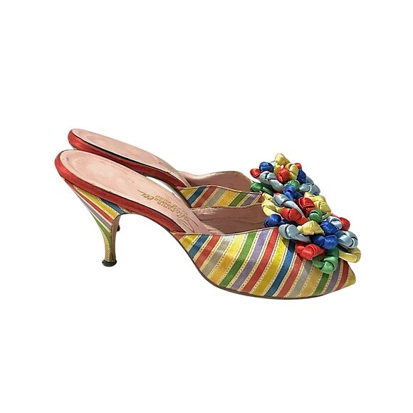 Vintage Schiaparelli Rainbow Satin Heels –1950s 60s Mules with Ribbon Rosette, - Picture 6 of 16